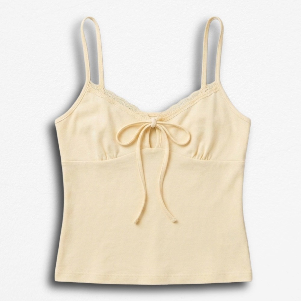 Me to We Women Pale Yellow Lace Trim‎ Tie Front Camisole Tank Top Small